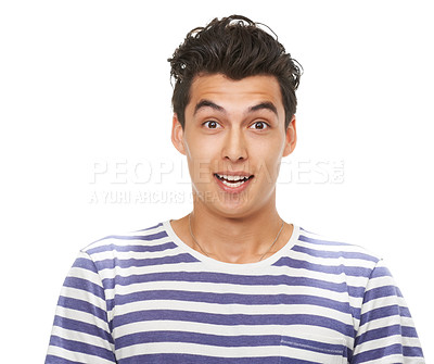 Buy stock photo Mexican man, surprise and portrait for model, fashion and clothes with closeup, shock or wow on white background in edgy outfit, wardrobe or apparel. Male person, face and t shirt in trendy style