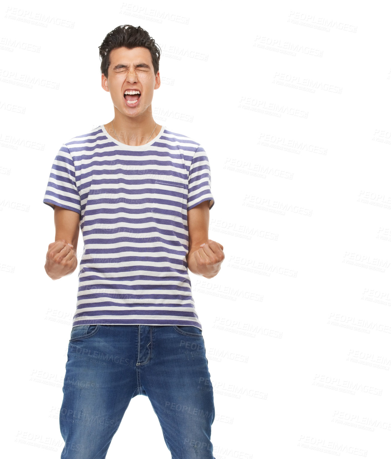Buy stock photo Shouting, man and celebrate in studio screaming, joyful and cheerful with hands. Male person, excited and winner gesture on white background, happiness or face and casual outfit in mockup space