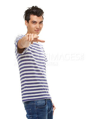 Buy stock photo Portrait, man and hand pointing at you in studio for news, announcement or deal on white background. Face, smile or male model show vote emoji for competition, giveaway or information, promo or offer