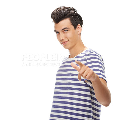 Buy stock photo Man, portrait and hand pointing at you on studio mockup for news, announcement or deal on white background. Face, smile or male model show vote emoji for competition, giveaway or info, promo or offer