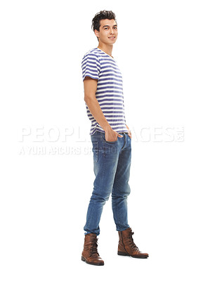 Buy stock photo Fashion, attitude and portrait of man on a white background with confidence, smile and pride in studio. Happy, confident and isolated handsome male person with trendy, stylish and casual clothes