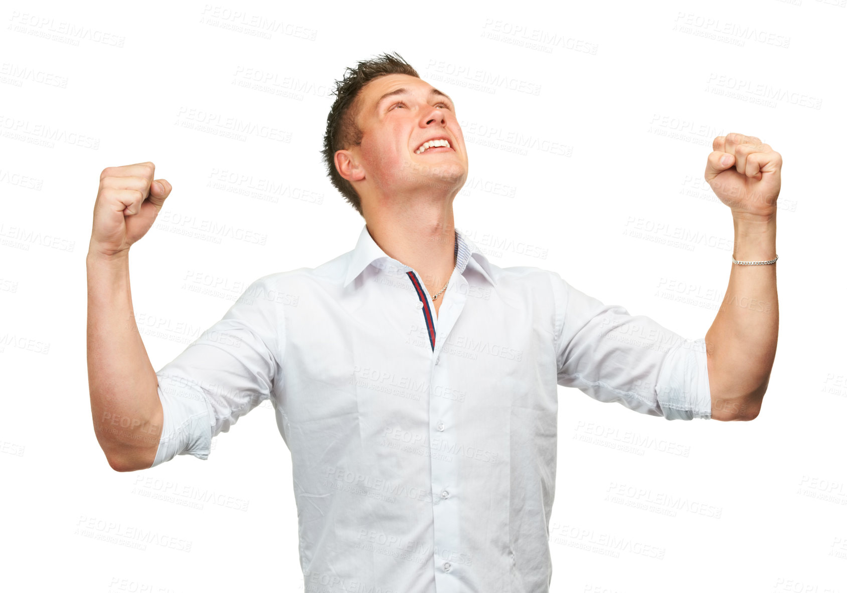 Buy stock photo Man, happy and fist celebration in studio with success, goals and financial freedom by white background. Person, winner and excited for achievement, prize and competition with cheers for giveaway