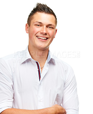 Buy stock photo Portrait, smile and man in studio with arms crossed for confidence, elegance and cool for fashion. Model person, face and proud with happiness for casual, trendy and clothes on white background