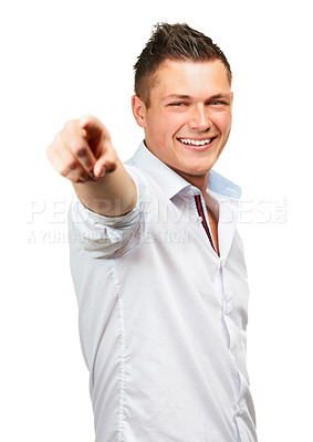 Buy stock photo Happy man, portrait and pointing to you for decision, choice or pick on a white studio background. Isolated, handsome male person or young model with smile for choose or selection in stylish clothing