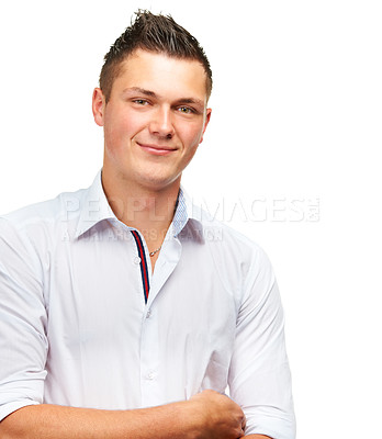 Buy stock photo Confident, businessman and casual smile for studio portrait, happy and isolated on white background. Professional, person and formal shirt for retail store manager, career and pride on backdrop