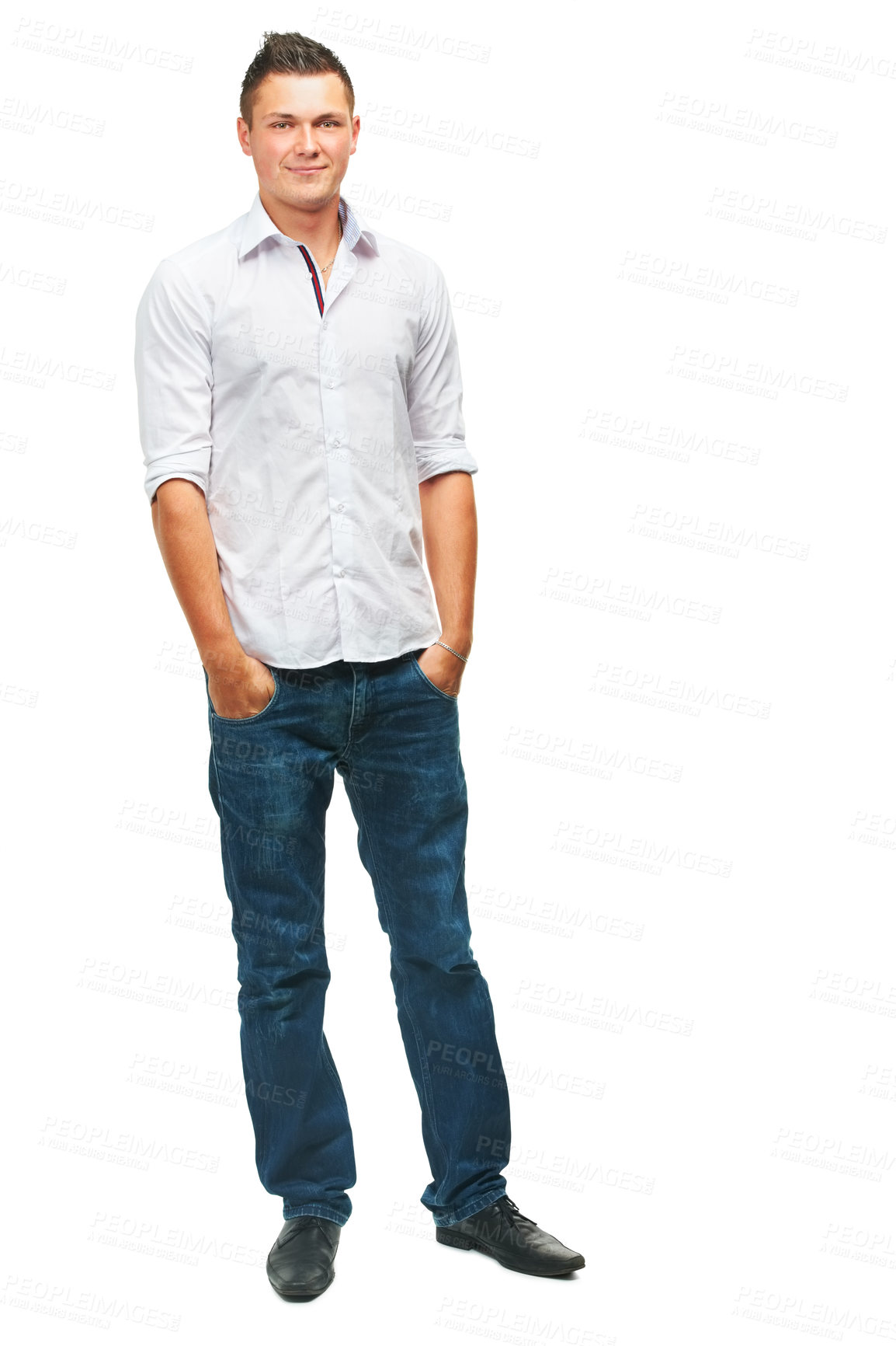 Buy stock photo Portrait, smile and man with beauty, fashion and confident guy isolated against a white studio background. Face, male person and model with casual outfit, happiness and cheerful with joy and mockup