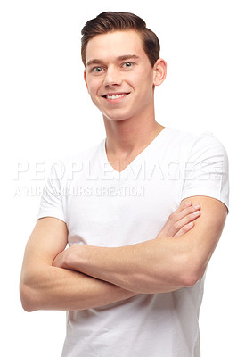Buy stock photo Fashion, happy and arms crossed with portrait of man in studio for confident, positive and casual. Trendy, smile and face with male model isolated on white background for happiness, natural and cool