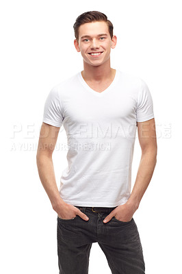 Buy stock photo Fashion, happy and smile with portrait of man in studio for confident, positive and casual. Trendy, edgy and punk with male model isolated on white background for happiness, natural and cool mockup