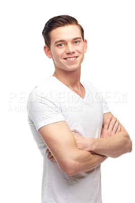 Buy stock photo Arms crossed, happy and smile with portrait of man in studio for confident, positive and casual. Trendy, fashion and face with male model isolated on white background for happiness, natural and cool