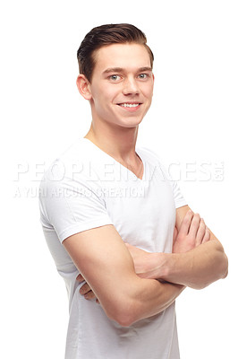 Buy stock photo Fashion, arms crossed and smile with portrait of man in studio for confident, positive and casual. Trendy, happy and face with male model isolated on white background for happiness, natural and cool