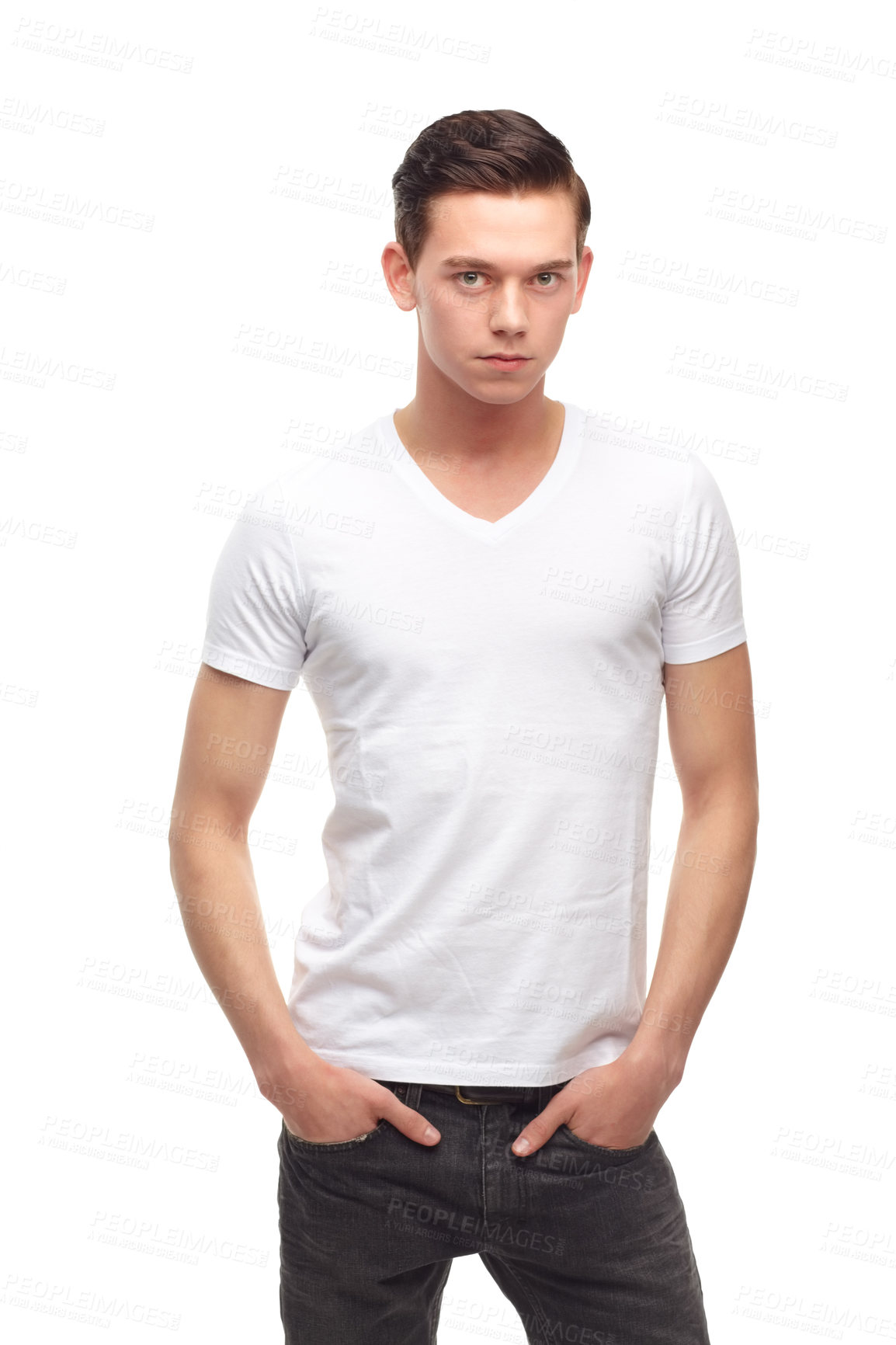Buy stock photo Fashion, serious and portrait of man in studio for confident, cool and casual. Trendy, handsome and style with young German model isolated on white background for pride, natural and mockup