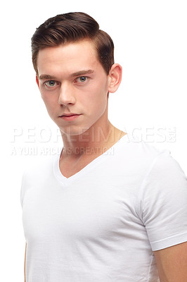 Buy stock photo Fashion, young and portrait of man in studio with confidence, attractive and pride on white background. Youth, confident and face of isolated handsome male person with trendy style in casual clothes