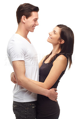 Buy stock photo Happy couple, hug and smile in studio, love and hugging isolated on white background. Husband, wife and married people embracing, holding and romance with spouse in sweet and caring moment together 