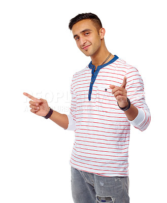 Buy stock photo Hands, pointing and portrait of man in studio with deal comparison, info or direction choice on white background. Face, smile and Indian male model show quote promo, decision or news announcement