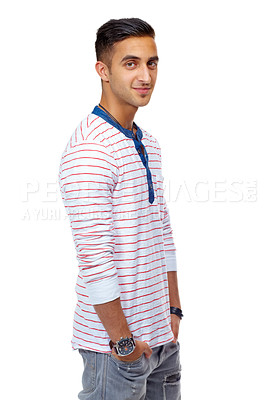 Buy stock photo Man, fashion and trendy with smile in studio portrait, stylish and happy male model for college style. Mockup space in isolated white background for clothes and confident, student and cool expression