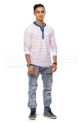 Buy stock photo Portrait, man or confidence for fashion, style or clothes in casual outfit on studio background in edgy apparel, wardrobe or trendy. Male person, model or face in ripped jeans, sneakers or chic