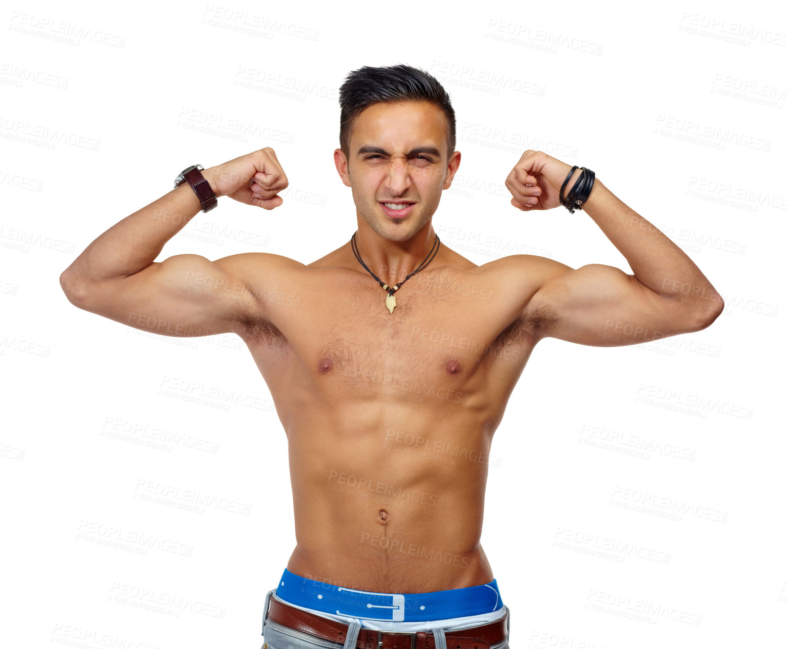 Buy stock photo Man, studio portrait and shirtless with flex, jeans and muscle for fitness, health or wellness by white background. Isolated guy, young bodybuilder or model with arms, strong body and healthy mindset