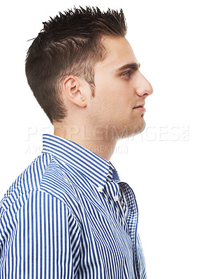 Buy stock photo Studio, man and profile with confidence, stripes and natural style and aesthetic. Model, shirt and thinking with face, idea and vision for looking ahead and future isolated on white background