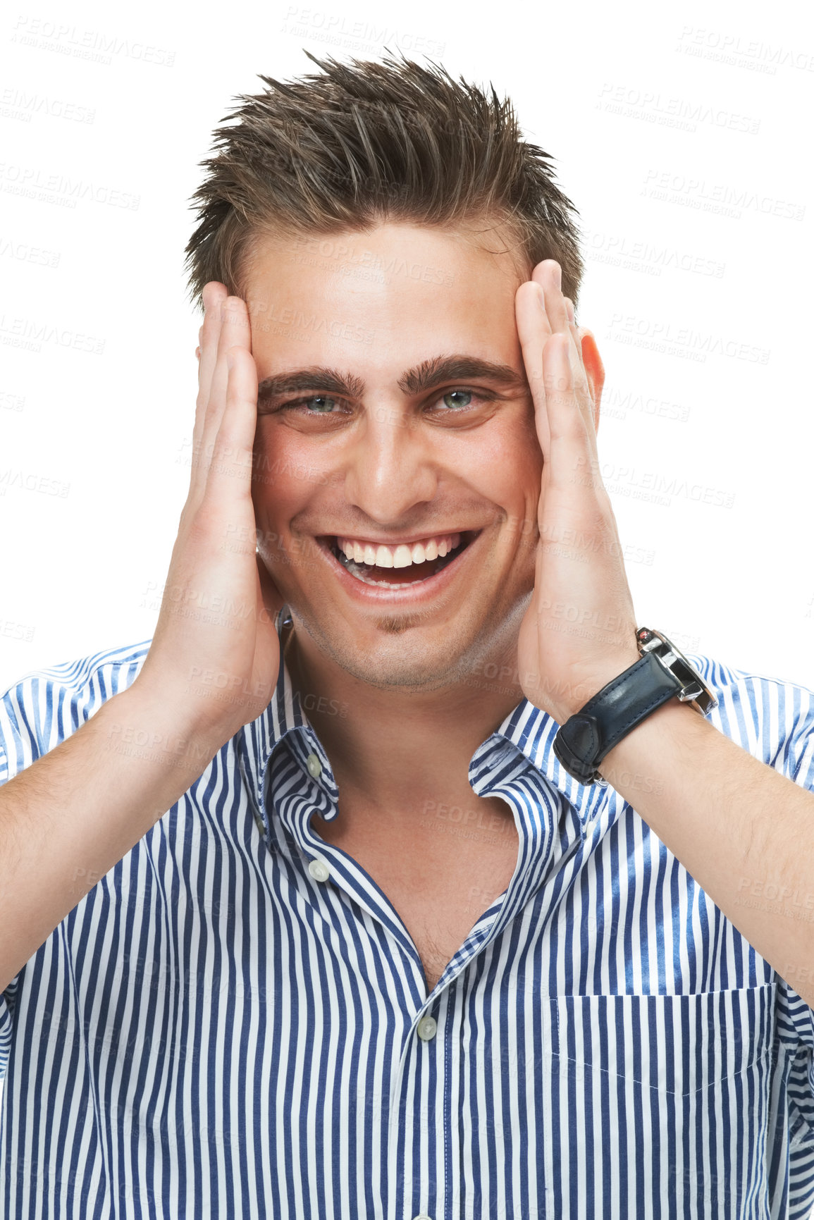 Buy stock photo Portrait, man and laugh for surprise, good news and announcement in studio on white background. Excited, happy and male person with smile for positive, wow, and amazing story, gossip and face