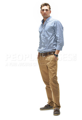 Buy stock photo Portrait, man or confidence for fashion, style or clothes in outfit on white background in apparel, wardrobe or trendy. Male person, model or face in studio with shirt, trousers and stylish in Canada