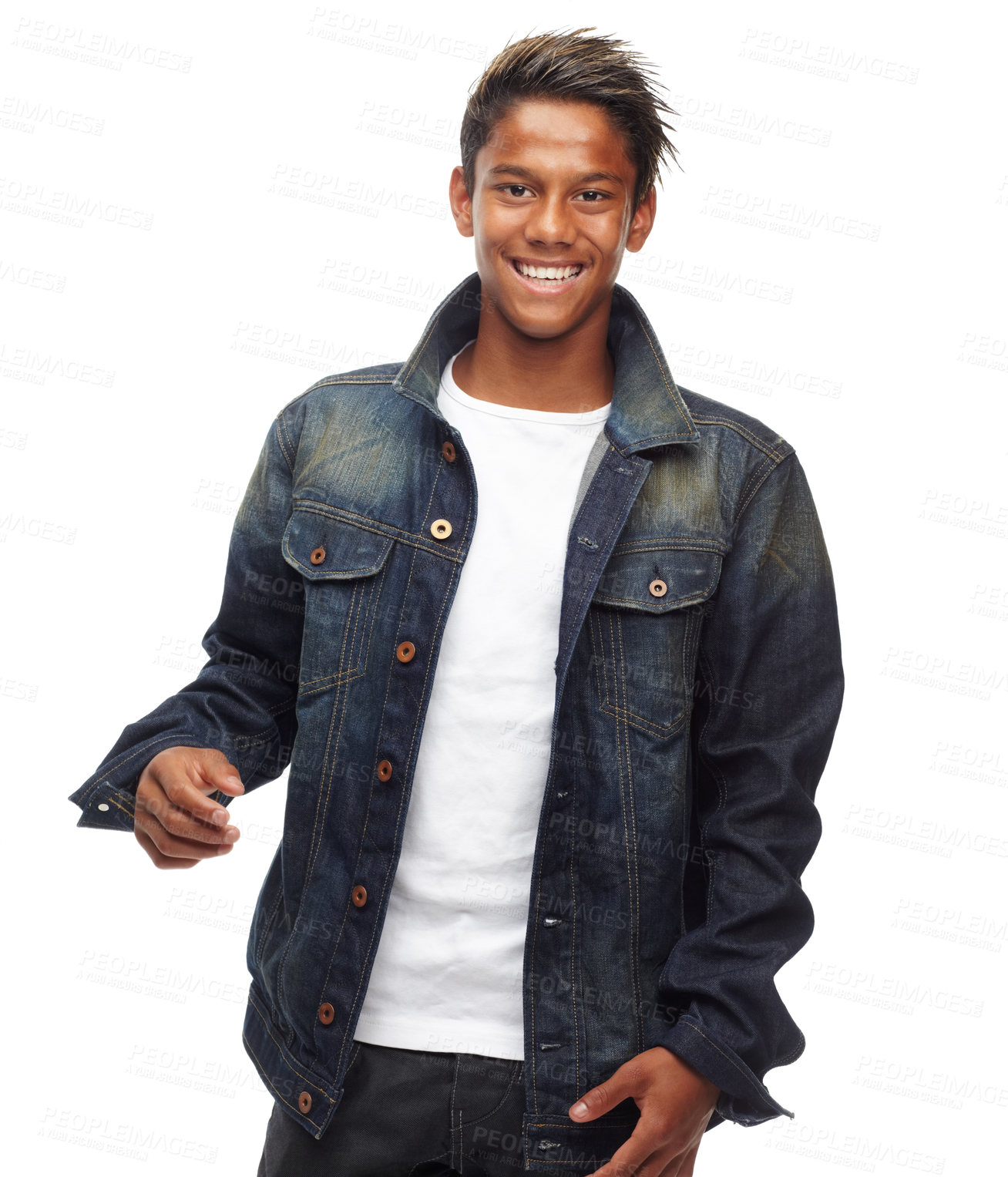 Buy stock photo Smile, fashion and portrait of man on a white background with confidence, happy and pride in studio. Excited, confident and isolated young male person with trendy clothes, style and denim jacket