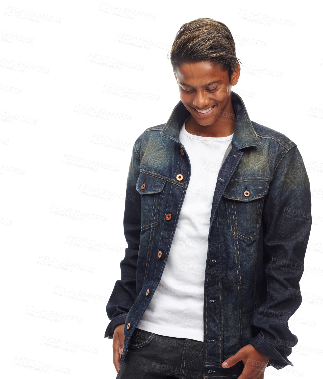 Buy stock photo Male model, fashion and smile with studio trendy style in happy expression. Designer, denim and cool stylish Indian teenager for clothes and confident youth, isolated on white background with jacket