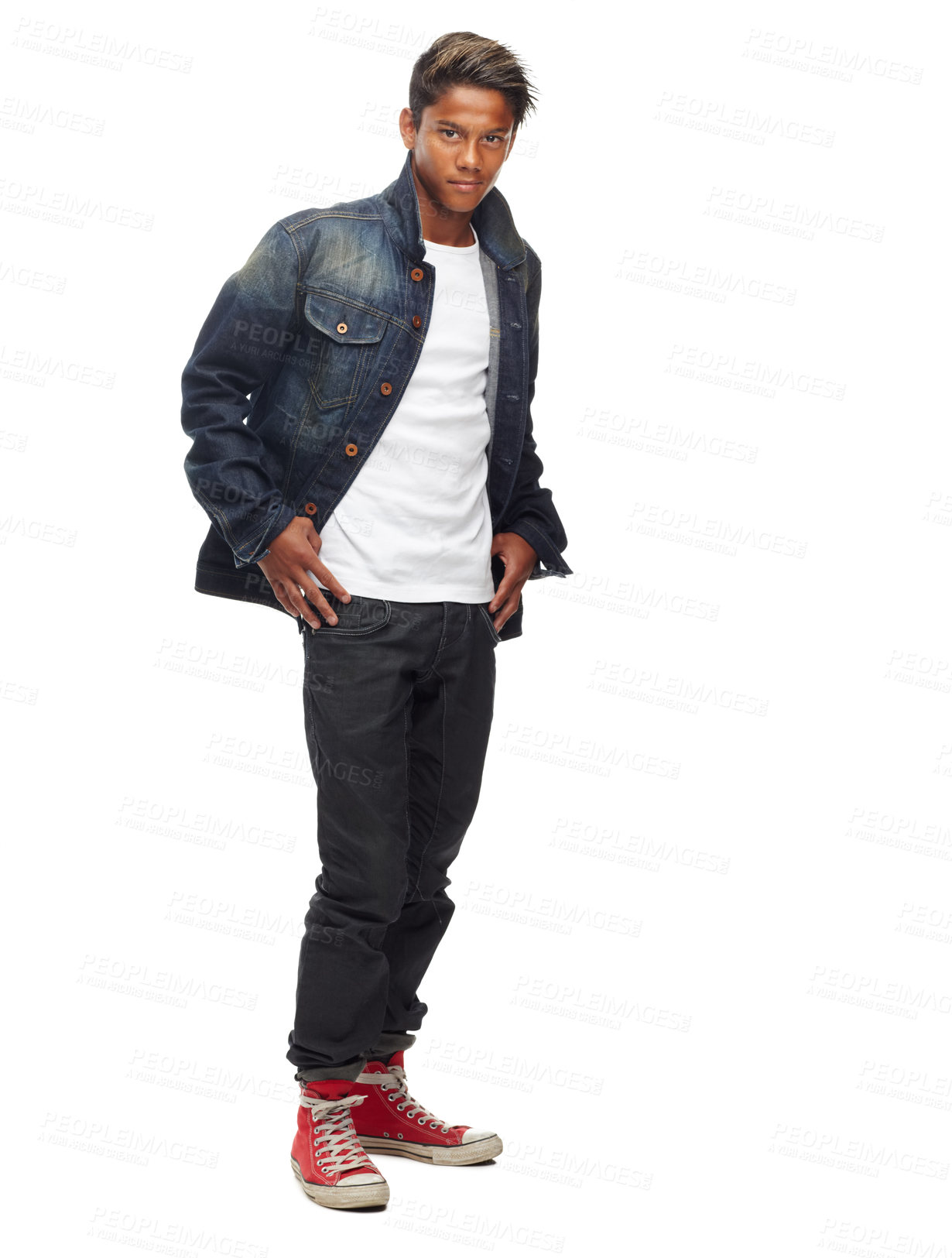 Buy stock photo Fashion, serious and portrait of man on a white background with confidence, attitude and pride in studio. Model, confident and isolated young male person with trendy clothes, style and denim jacket