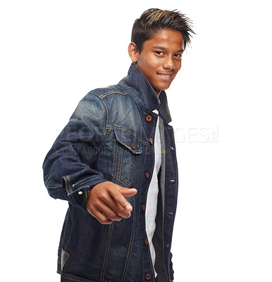 Buy stock photo Happy, portrait and boy with hand pointing at you in studio for choice, decision or selection on white background. Opportunity, offer and face teenage male student with fashion, promotion or deal