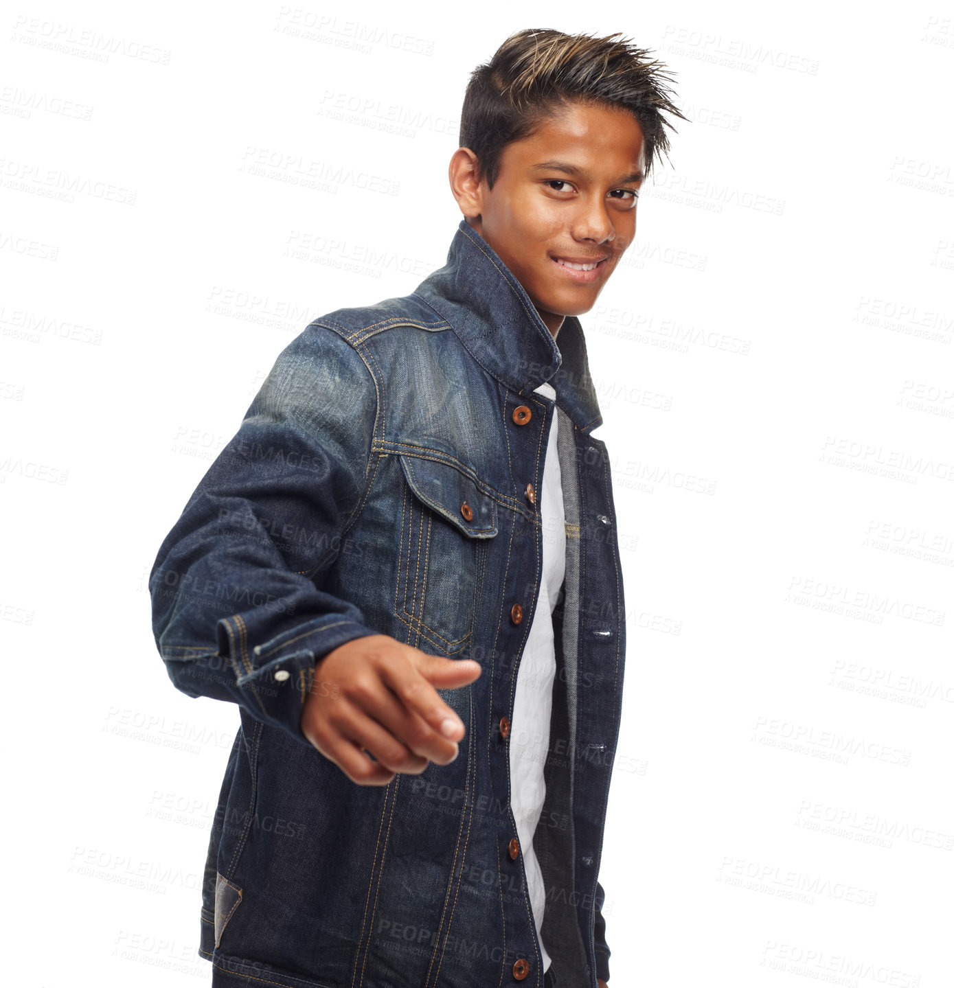 Buy stock photo Happy, portrait and boy with hand pointing at you in studio for choice, decision or selection on white background. Opportunity, offer and face teenage male student with fashion, promotion or deal