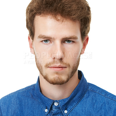 Buy stock photo Serious, man and portrait for fashion, denim shirt and clothing in casual blouse on white background with closeup, stylish and frowning. Male person, model or stern face in studio in England