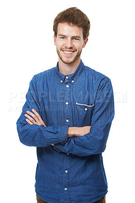 Buy stock photo Happy man, fashion and style with confidence for denim shirt or casual clothing on a white studio background. Male person, ginger or young model with smile or arms crossed in stylish tshirt or outfit