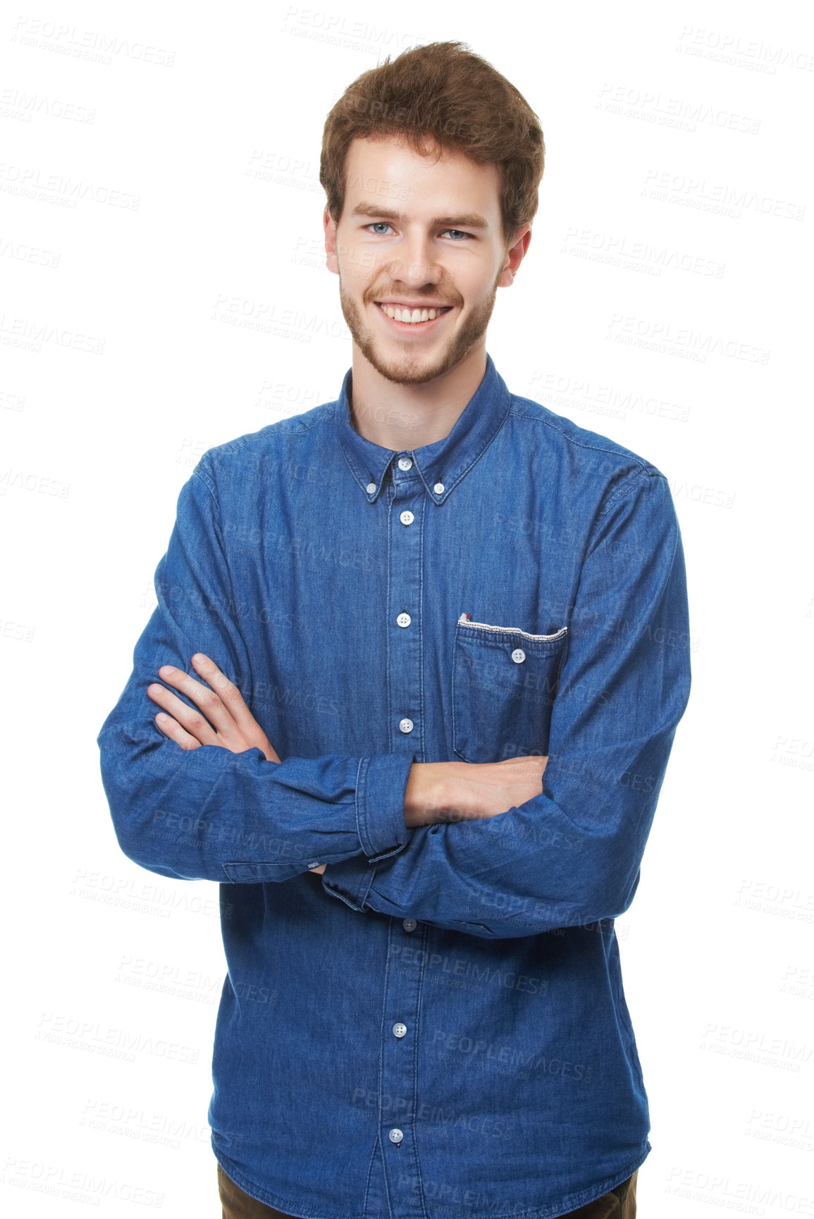 Buy stock photo Happy man, fashion and style with confidence for denim shirt or casual clothing on a white studio background. Male person, ginger or young model with smile or arms crossed in stylish tshirt or outfit