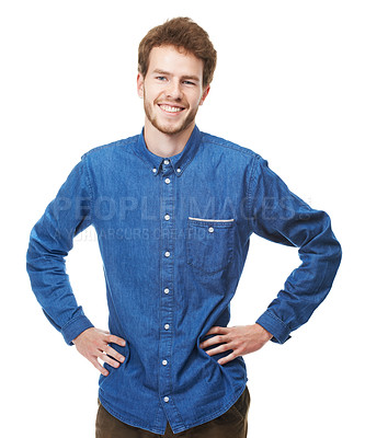 Buy stock photo Man, portrait and confidence for fashion, trendy style and clothing in casual outfit on studio background in edgy apparel, happiness and smile. Male person, model and face in denim shirt with pride