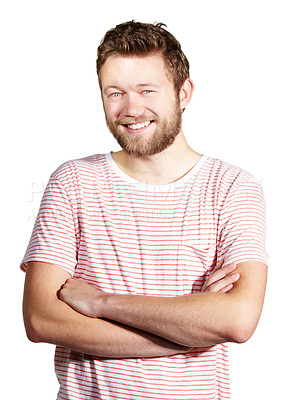 Buy stock photo Fashion, confidence and portrait of man on a white background with crossed arms, happy and pride in studio. Stripes, confident and face of isolated handsome male person with trendy casual clothes