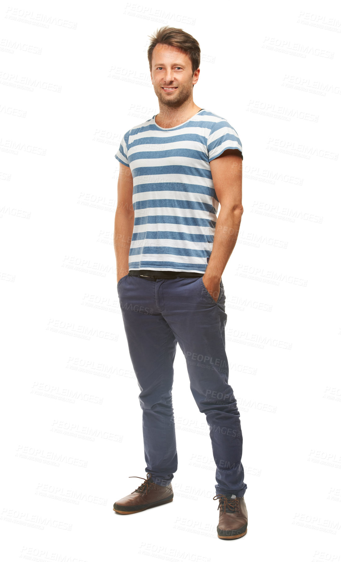 Buy stock photo Fashion, confident and portrait of man on a white background with confidence, happy and pride in studio. Smile, handsome and full body of isolated male person with trendy, stylish and casual clothes