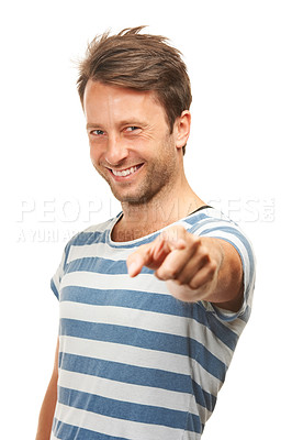 Buy stock photo Happy man, portrait and pointing to you for choice or pick on a white studio background. Isolated, handsome male person or young model with smile for decision, choose or selection in casual clothing