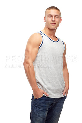 Buy stock photo Man, confident smile and portrait with fashion and modern style in studio. White background, jeans and young male model with muscles and clothing with youth and attitude feeling cool with confidence