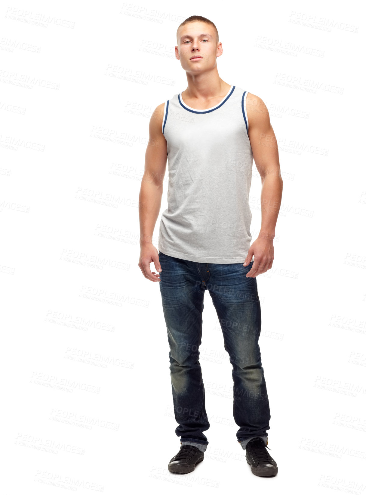 Buy stock photo Man, confident and portrait with fashion and modern style in a studio. White background, jeans and young male model with muscles and clothing with youth and attitude feeling proud with confidence