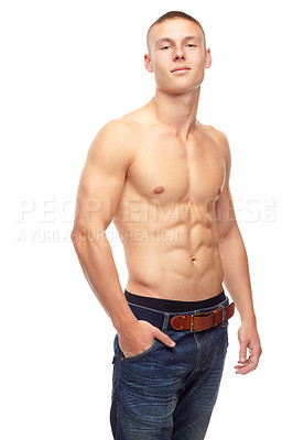 Buy stock photo Muscle, portrait and man with beauty, sexy and confident guy isolated against a white studio background. Face, male person and model with abs, abdomen and tors with bodybuilder, wellness and health