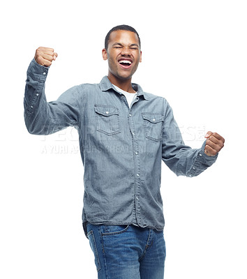 Buy stock photo Happy, excited and man celebration portrait in studio with casual fashion and yes hands from win. Smile, winning and achievement of a African male and model with white background and winner fist