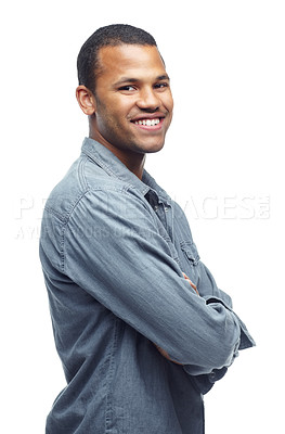 Buy stock photo Portrait, white background and African man with denim shirt as outfit, smile and happiness for clothes. Male person, joy and trendy for aesthetic of fashion, casual and cool as model in studio