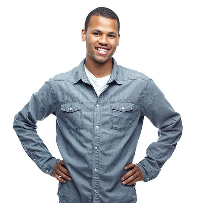 Buy stock photo Portrait, studio and happy black man for denim shirt, outfit and smile on face for clothes. African male person, joy and aesthetic, casual and cool as model for fashion for style in white background