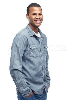 Buy stock photo Portrait, studio and black man with denim shirt, happy and smile on face for clothes. African male person, joy and style for aesthetic of fashion, casual and cool as model in white background