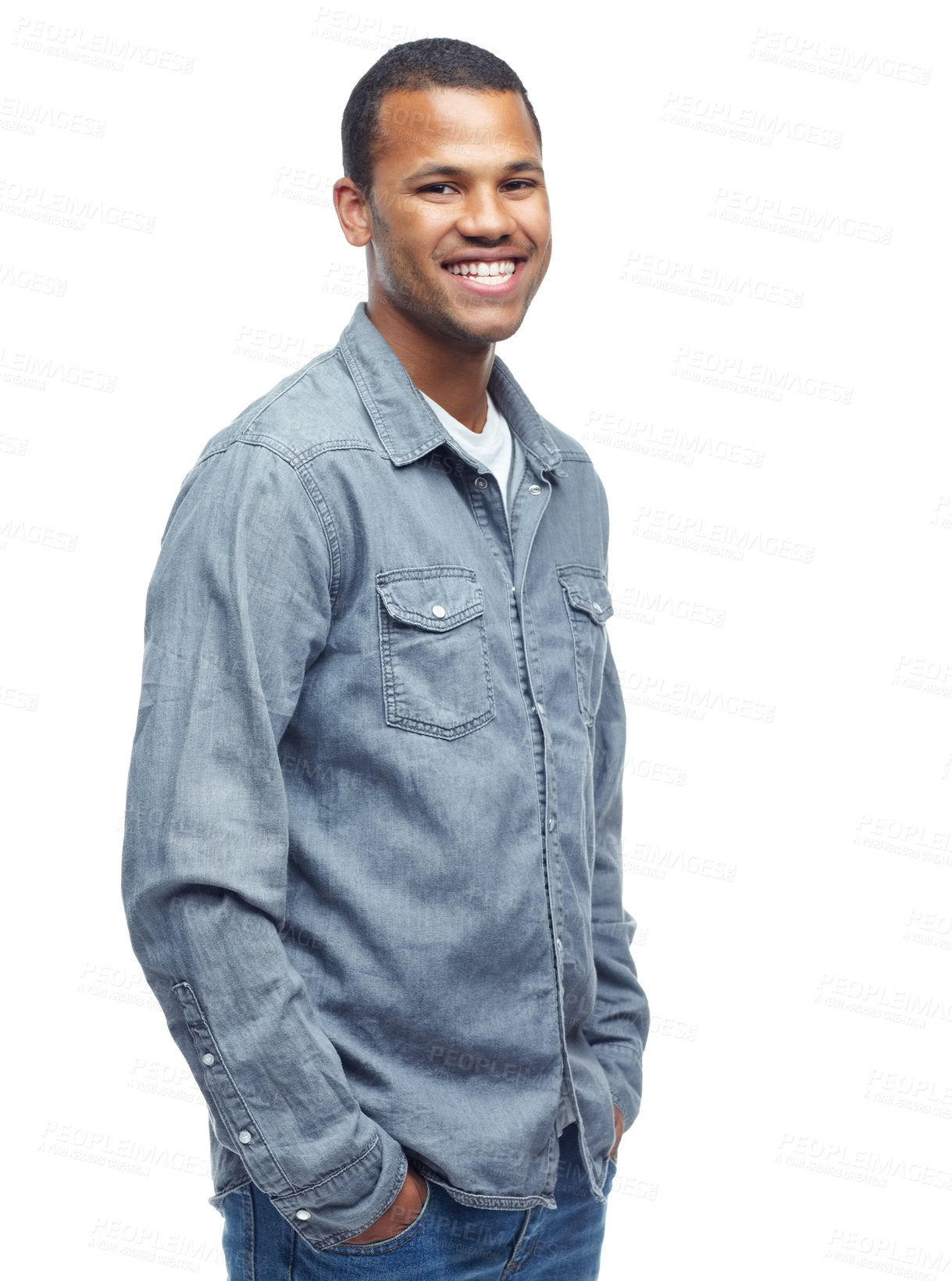 Buy stock photo Portrait, studio and black man with denim shirt, happy and smile on face for clothes. African male person, joy and style for aesthetic of fashion, casual and cool as model in white background