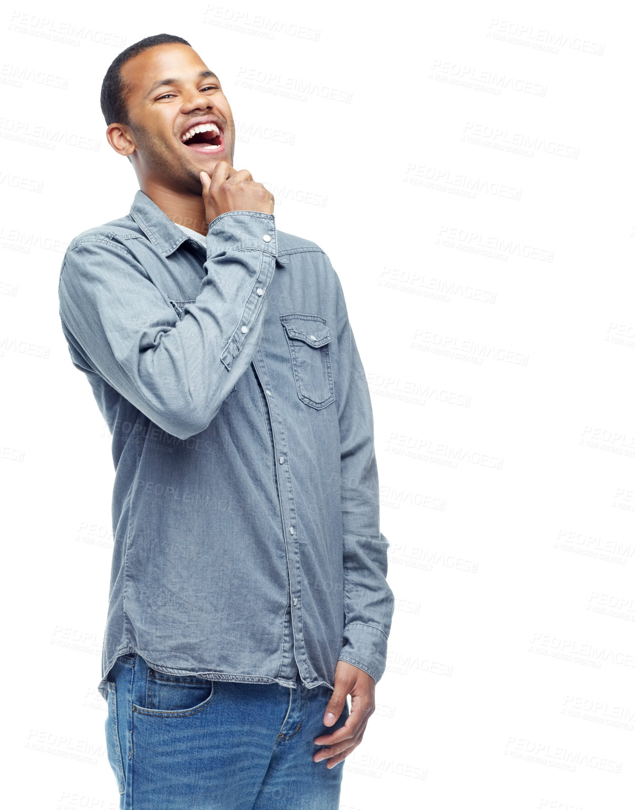 Buy stock photo Laughing, African man and happy in studio, fashion and expression on white background. Smile, confidence and cheerful male model, comedy or funny humour in trendy or stylish denim with mock up space
