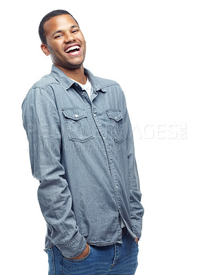 Buy stock photo Fashion, clothes and trendy style for young man in studio with confidence while isolated on white background. African person, model and friendly with denim shirt while laughing for funny joke    