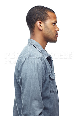 Buy stock photo A cropped profile of an expressionless young man, isolated on white