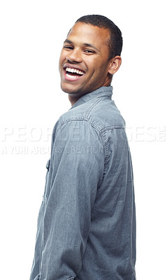 Buy stock photo Happy man, portrait and laughing with fashion for style, denim or casual clothing on a white studio background. Excited male person, friendly hipster or young model with funny smile in stylish outfit
