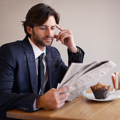 Buy stock photo Businessman, read and newspaper in coffee shop, food and relax on break from work. Male person, crypto investor and finance manager for firm, accounting and analysis stock prices and forex on lunch