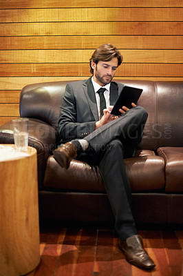 Buy stock photo Businessman, office and lobby for tablet, scroll and formal for job and workplace in corporate. Professional male person, browsing and research for company, startup and online in accounting firm